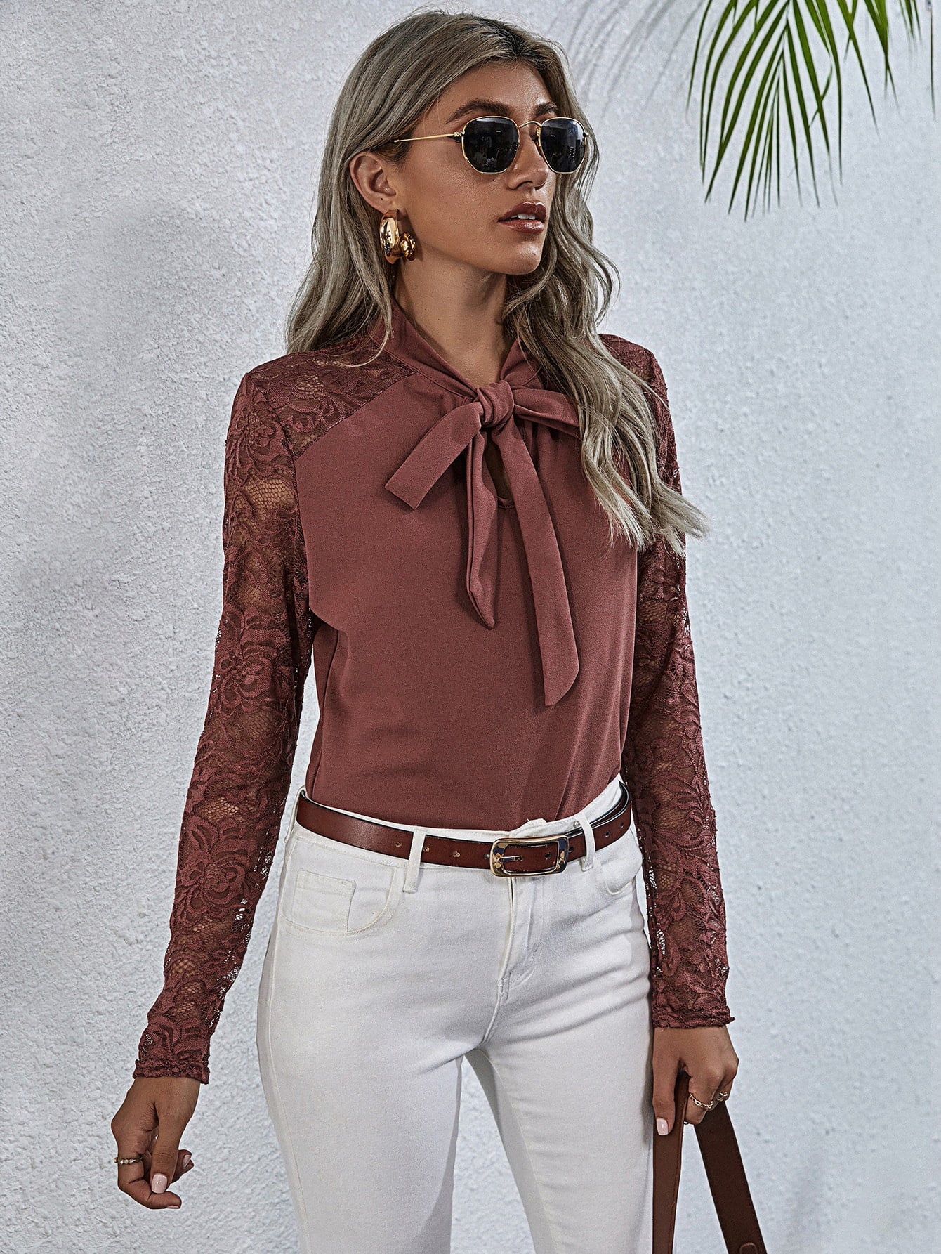 Tie Neck Spliced Lace Long Sleeve Top