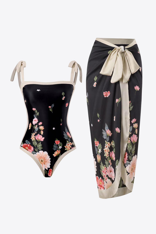 Traje de baño floral de dos piezas con lazo en los hombros