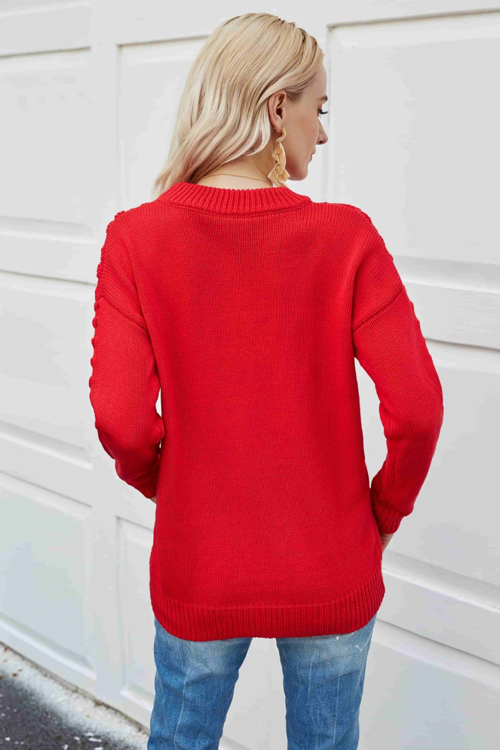 Pom-Pom Drop Shoulder Ribbed Trim Sweater