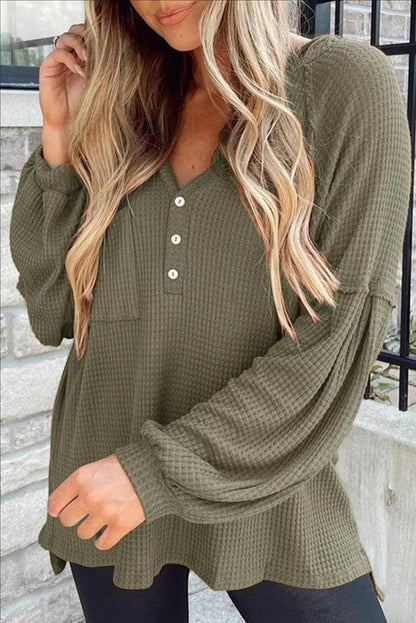 Puff Sleeve Side Slit Buttoned Waffle Knit Hoodie