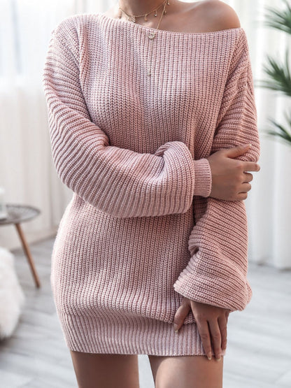 Rib-Knit Balloon Sleeve Boat Neck Sweater Dress