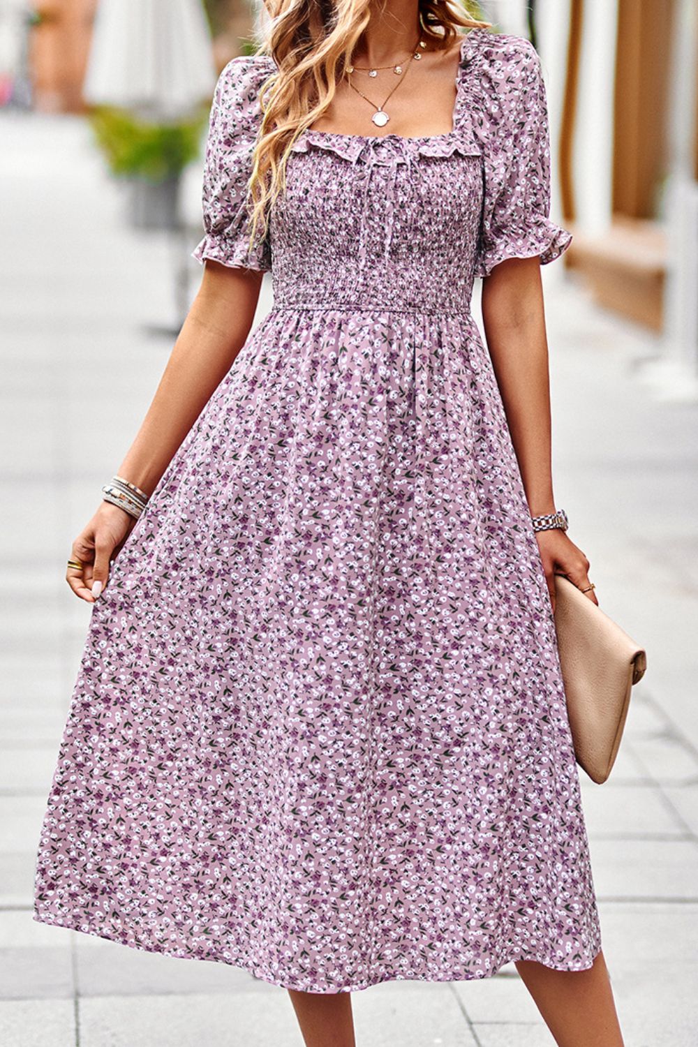 Floral Ruffled Square Neck Dress with Pockets