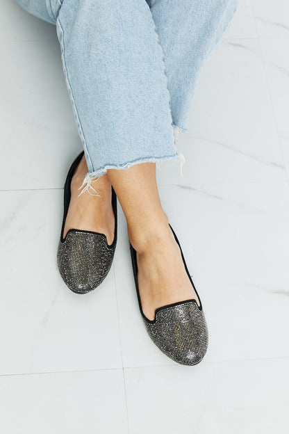 Forever Link Rhinestone Round Toe Flats in Black/Pewter