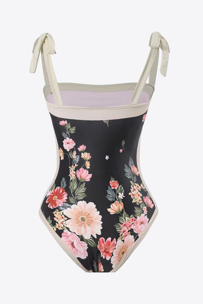 Traje de baño floral de dos piezas con lazo en los hombros