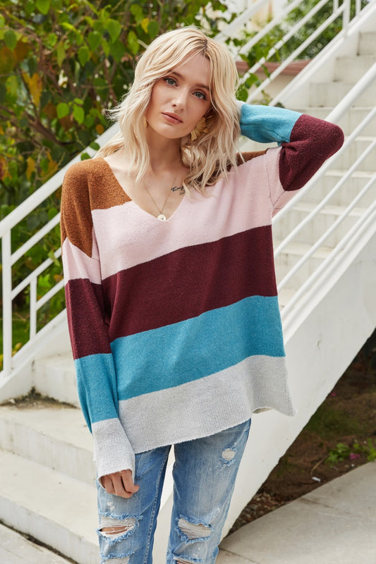 Color Block V-Neck Open Back Tunic Sweater