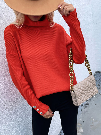 Button Detail Rib-Knit Turtleneck Sweater