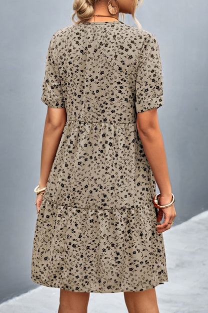 Ditsy Floral Empire Waist Plunge Short Sleeve Dress