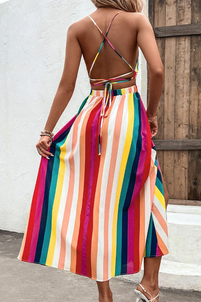 Multicolored Stripe Crisscross Backless Dress