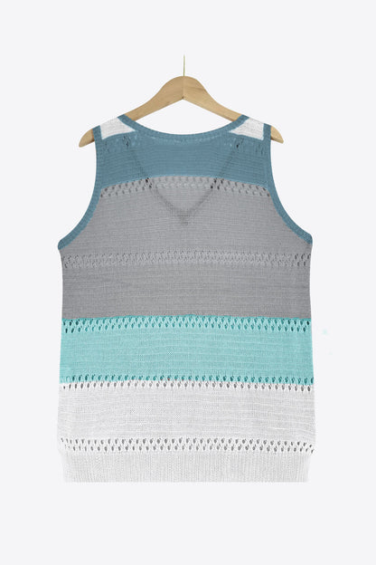 Striped Openwork V-Neck Knit Tank