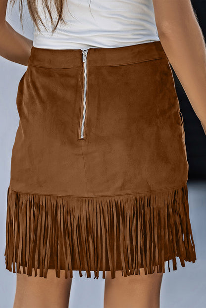 Fringe Detail Zip-Back Skirt with Pockets