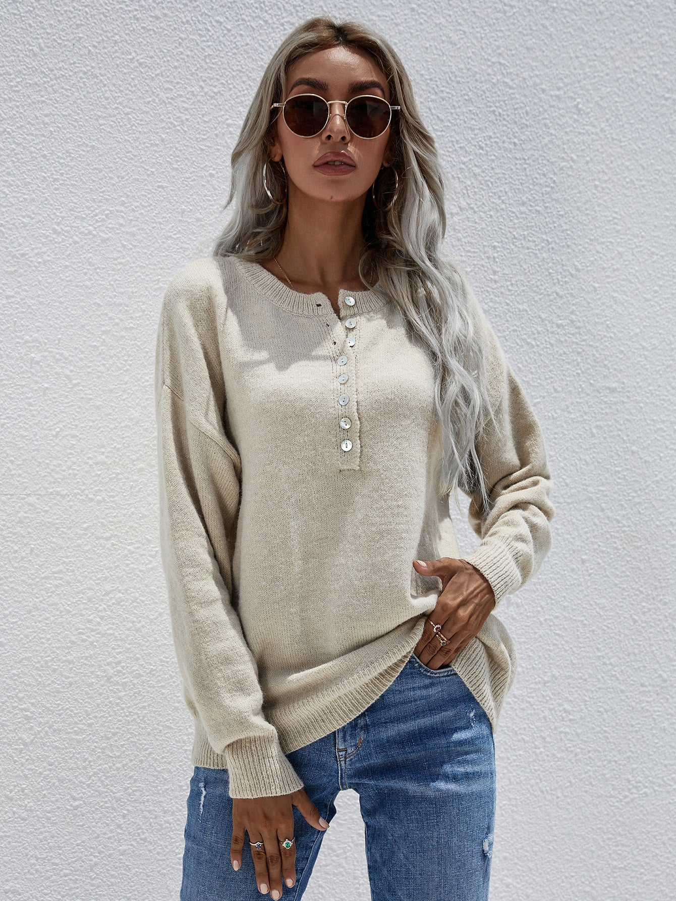 Half Button Long Sleeve Henley Sweater