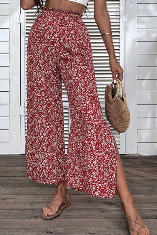 Ditsy Floral Slit Paperbag Waist Wide Leg Pants