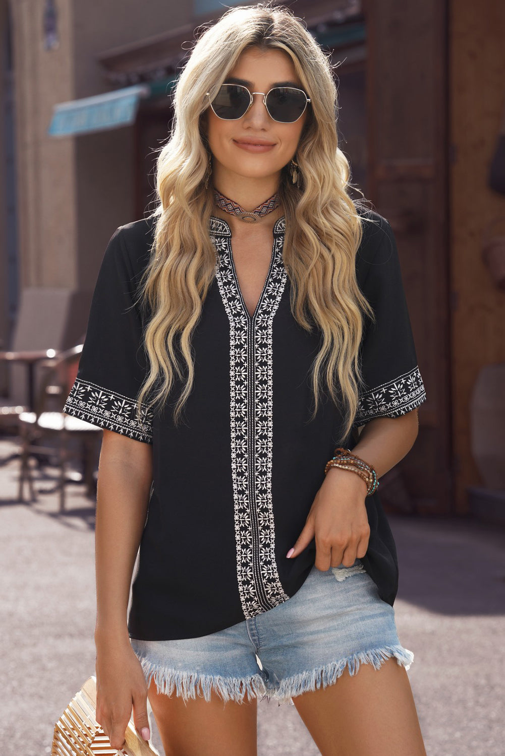 Embroidered V-Neck Top