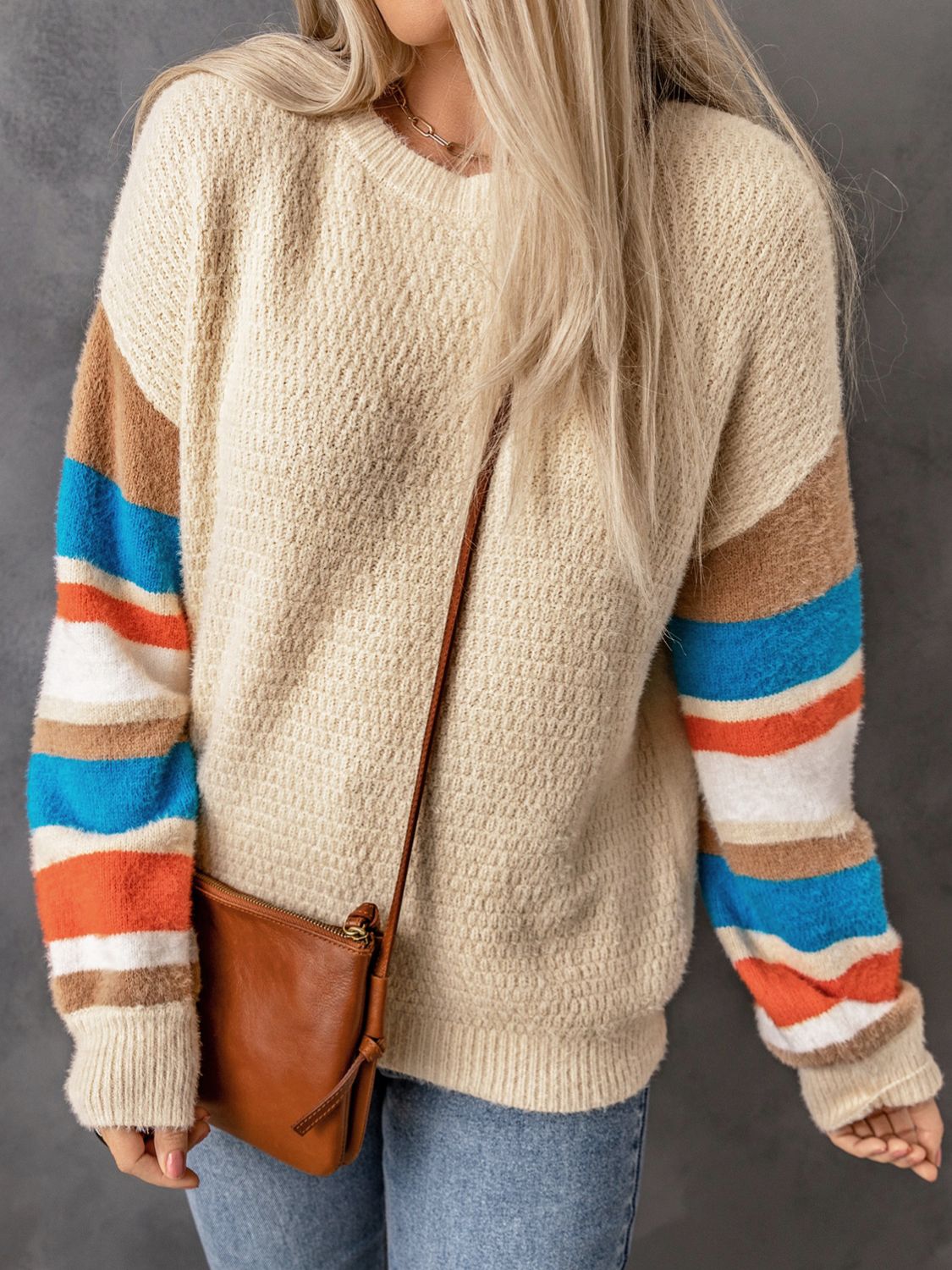 Striped Dropped Shoulder Crewneck Ribbed Trim Sweater