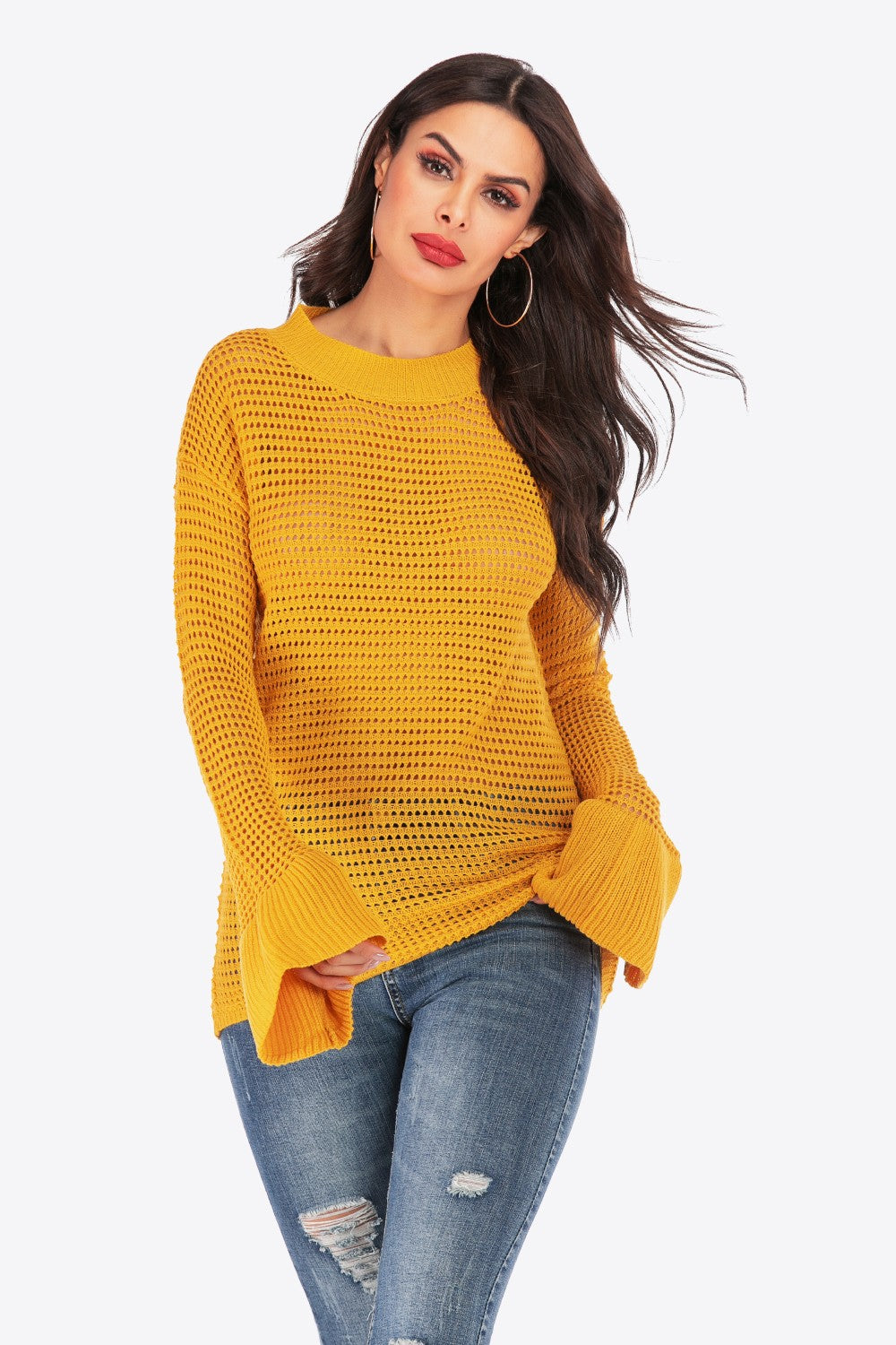 Openwork Flare Sleeve Round Neck Sweater