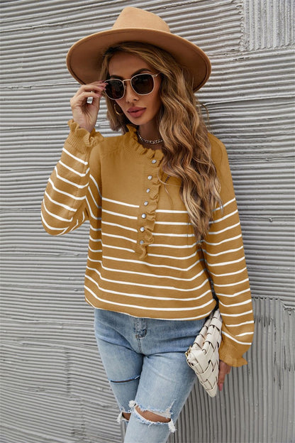 Striped Half-Button Frill Trim Sweater