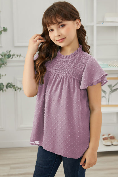 Blusa de manga volante con fruncido de lunares suizos para niñas