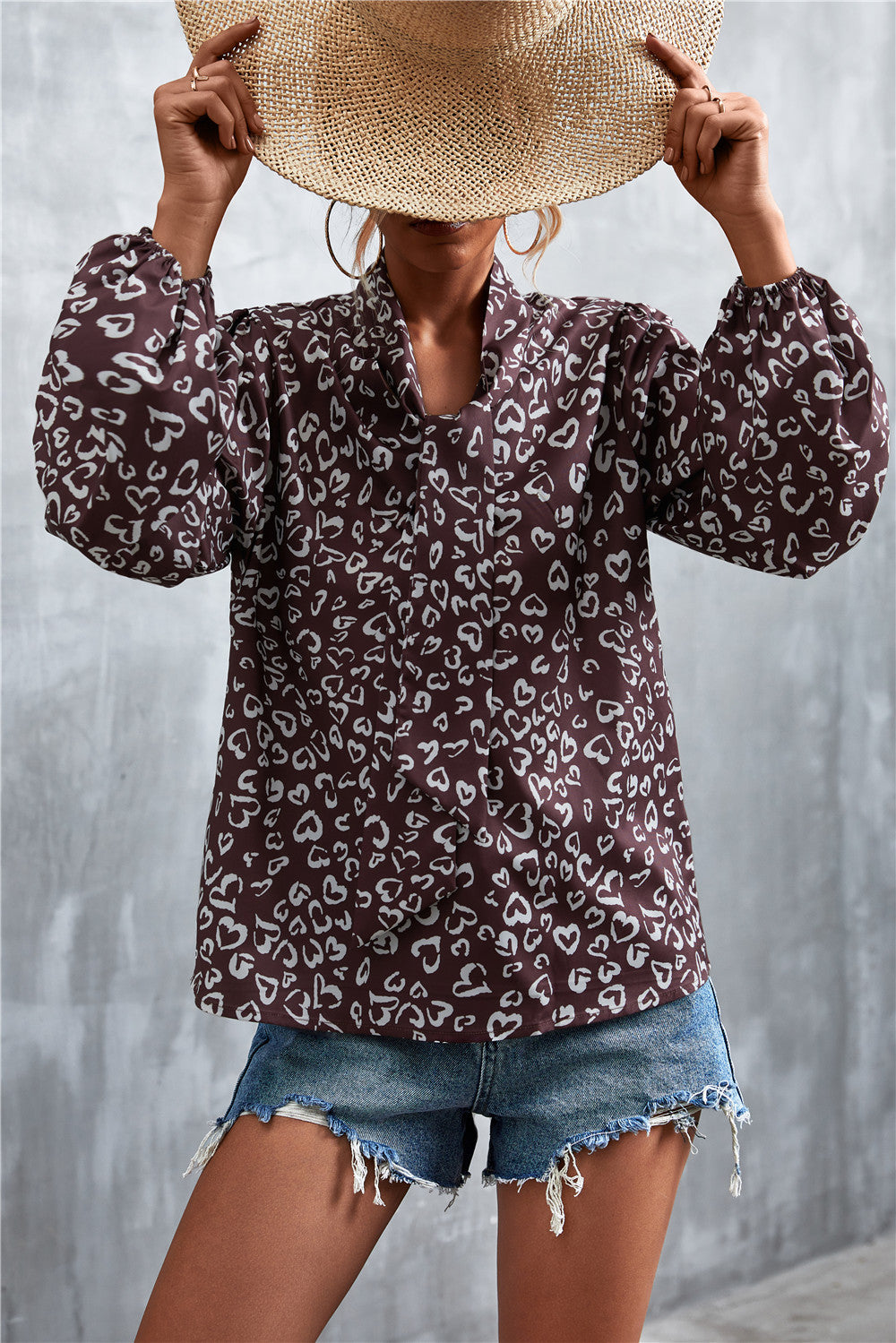 Printed Tie Neck Puff Sleeve Blouse