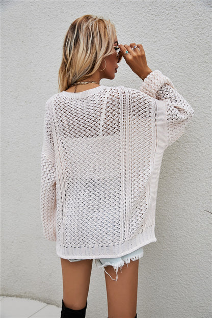 Openwork V-Neck Dropped Shoulder Cardigan