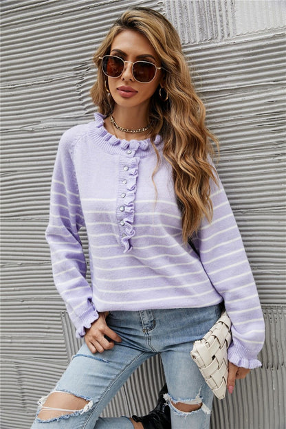 Striped Half-Button Frill Trim Sweater