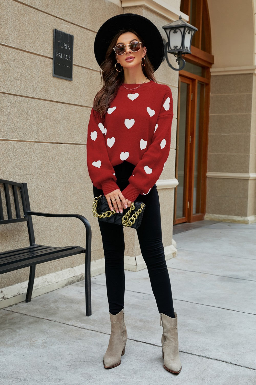 Heart Pattern Lantern Sleeve Round Neck Tunic Sweater