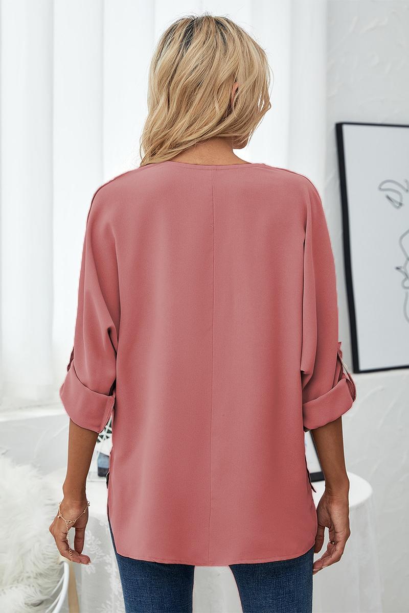 Roll-Tab Sleeve V-Neck Blouse