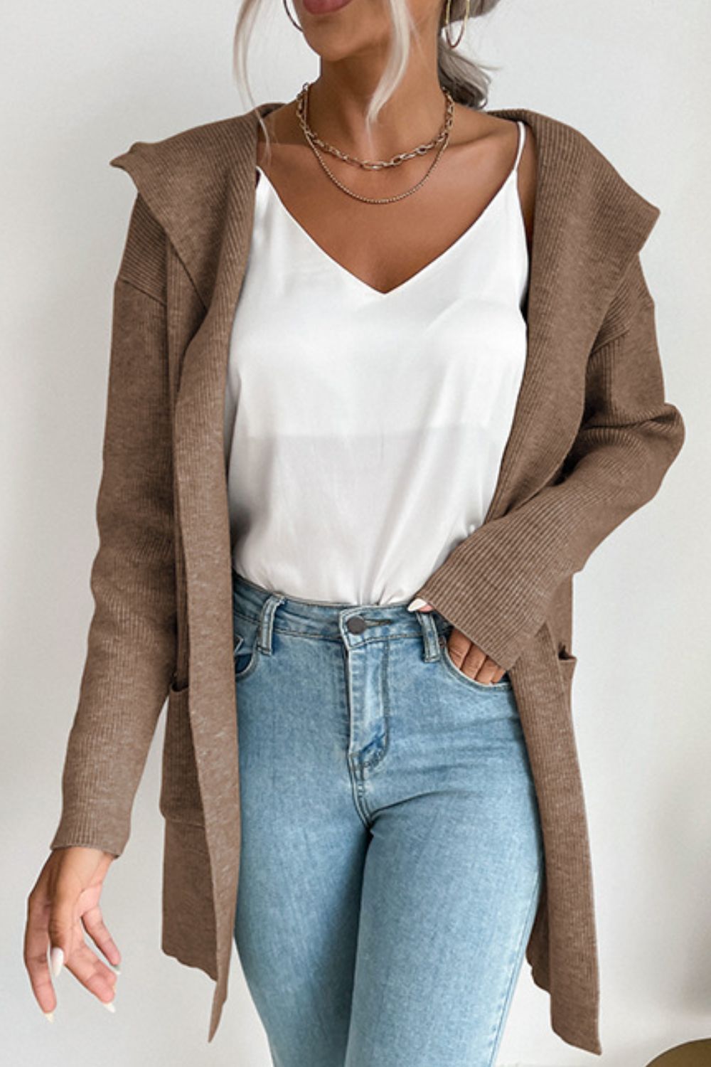 Ribbed Open Front Hooded Cardigan with Pockets