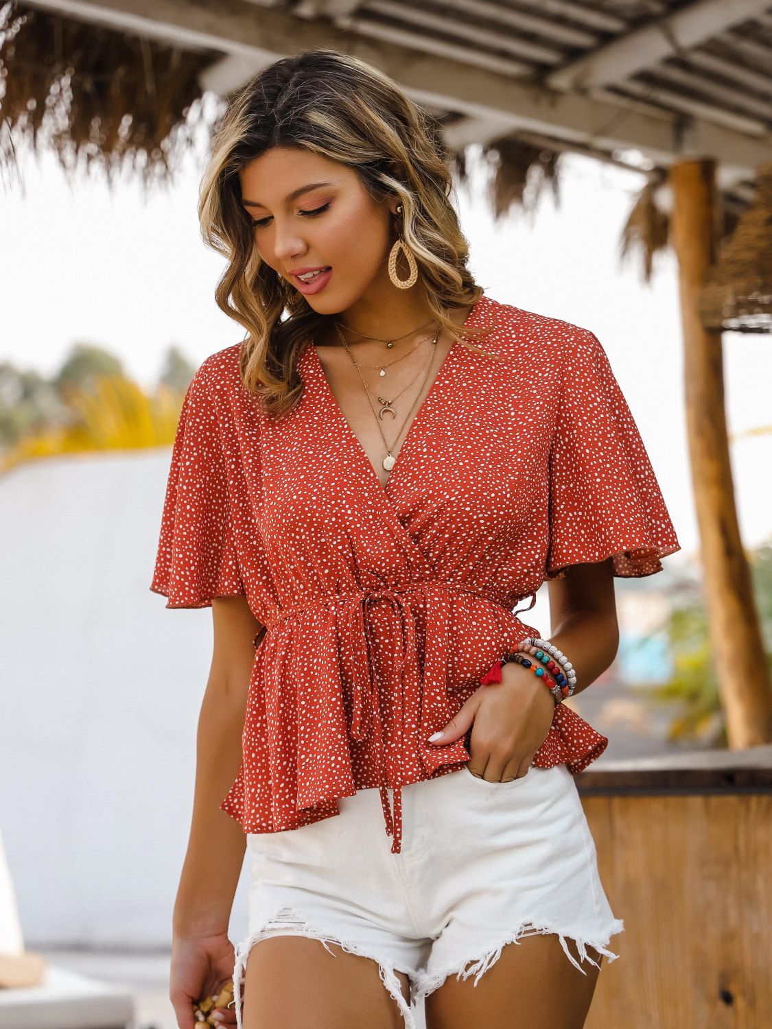 Printed Tied Flutter Sleeve Babydoll Blouse