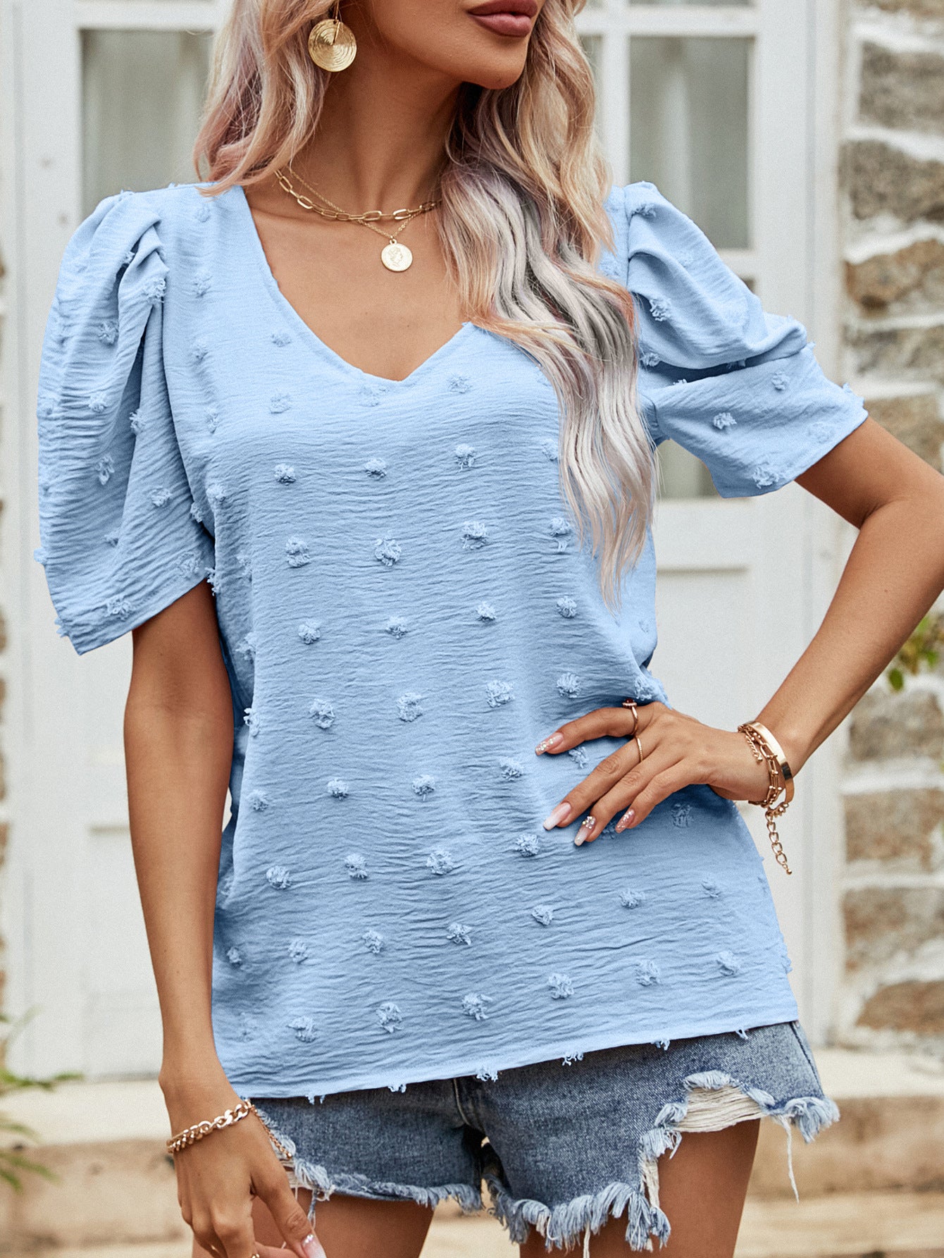 Swiss Dot Short Puff Sleeve Top