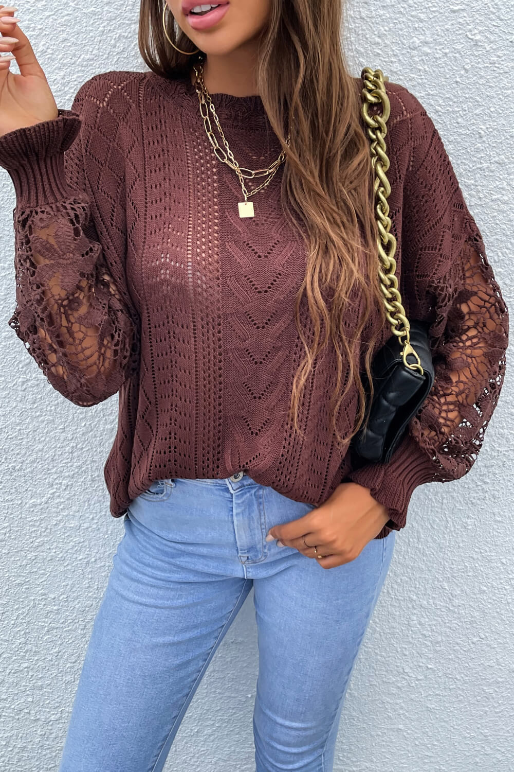 Spliced Lace Crochet Sleeve Sweater