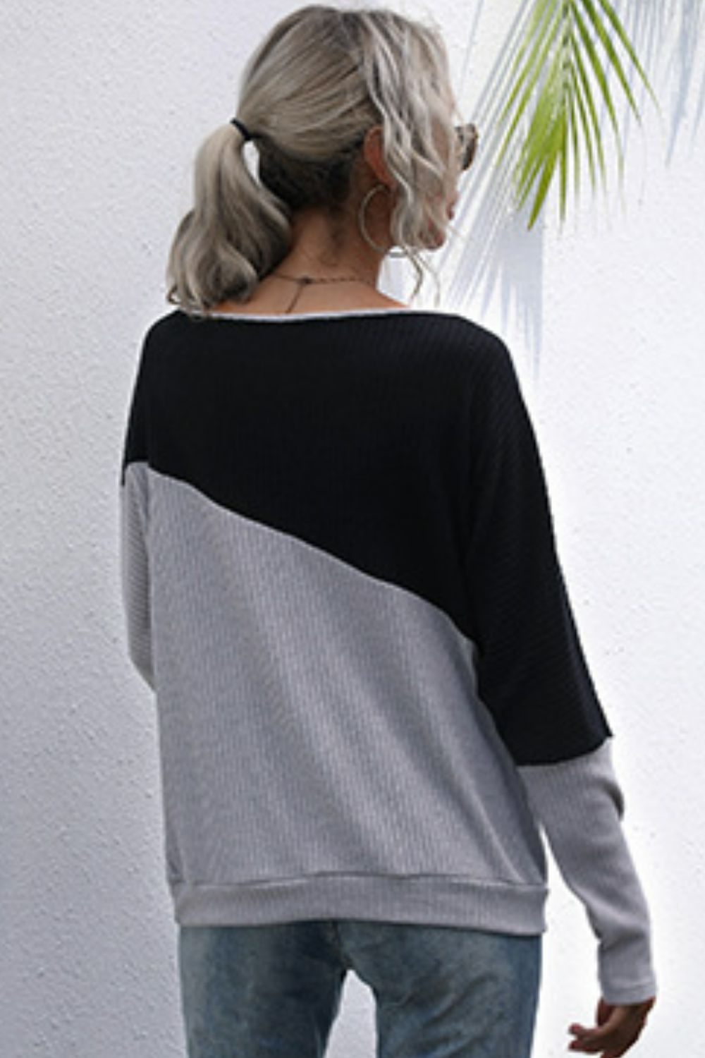 Two-Tone Off-Shoulder Rib-Knit Top