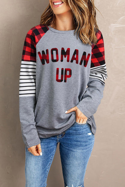 WOMAN UP Plaid Striped Raglan Sleeve Top