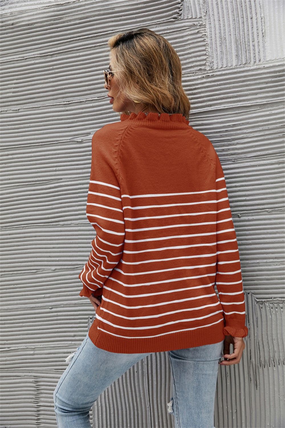 Striped Half-Button Frill Trim Sweater