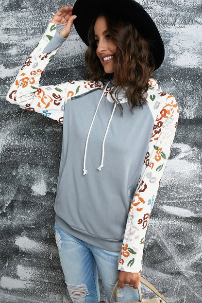 Printed Drawstring Detail Raglan Sleeve Hoodie