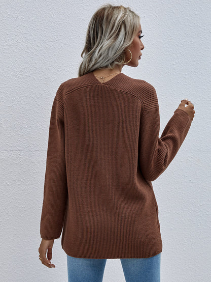 V-Neck Rib-Knit Drop Shoulder Tunic Sweater