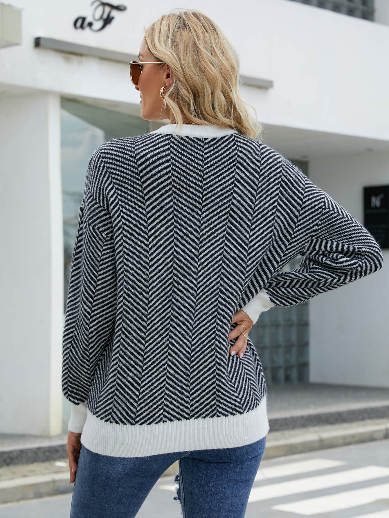 Herringbone Print Ribbed Trim Sweater