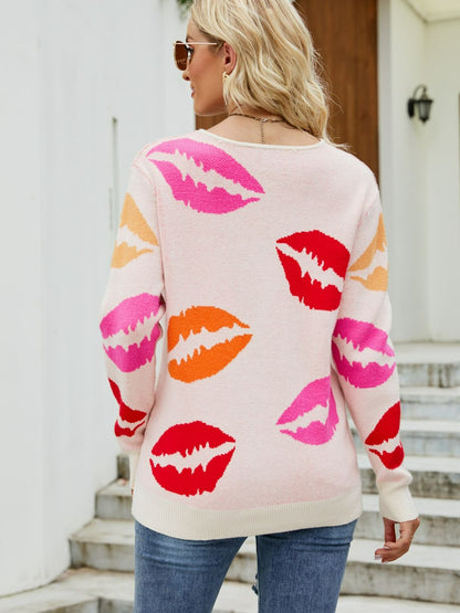 Top de punto con cuello en V y estampado de labios