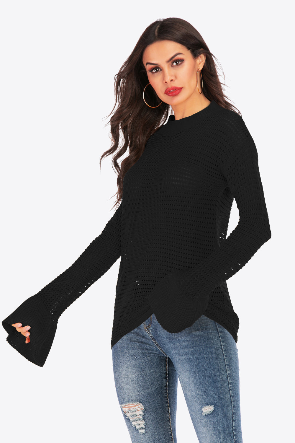 Openwork Flare Sleeve Round Neck Sweater