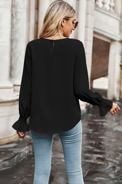 Round Neck Long Flounce Sleeve Blouse