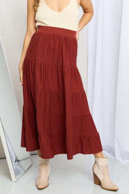 Zenana Full Size Wide Waistband Tiered Midi Skirt