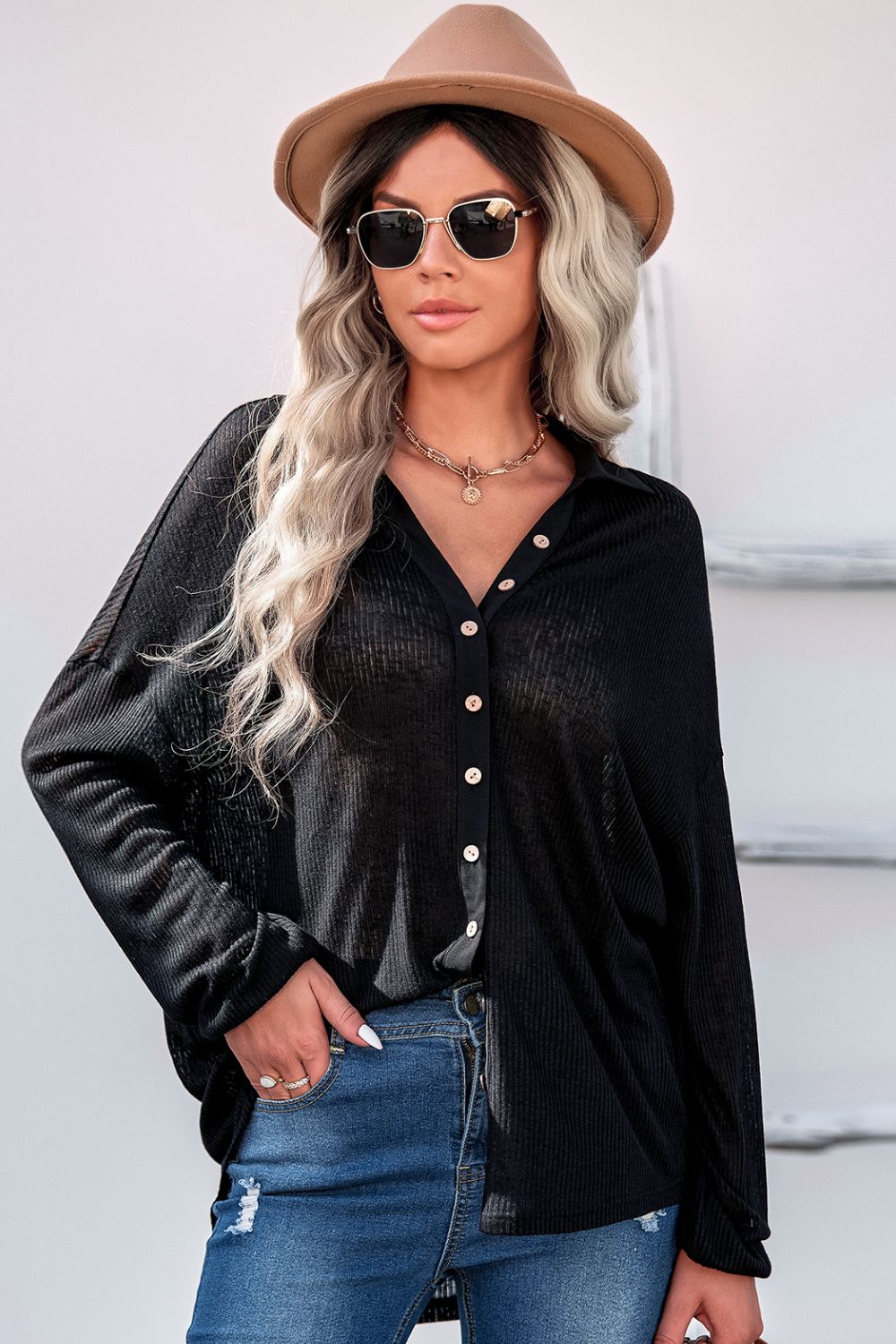 Button Front Dropped Shoulder Knit Shirt