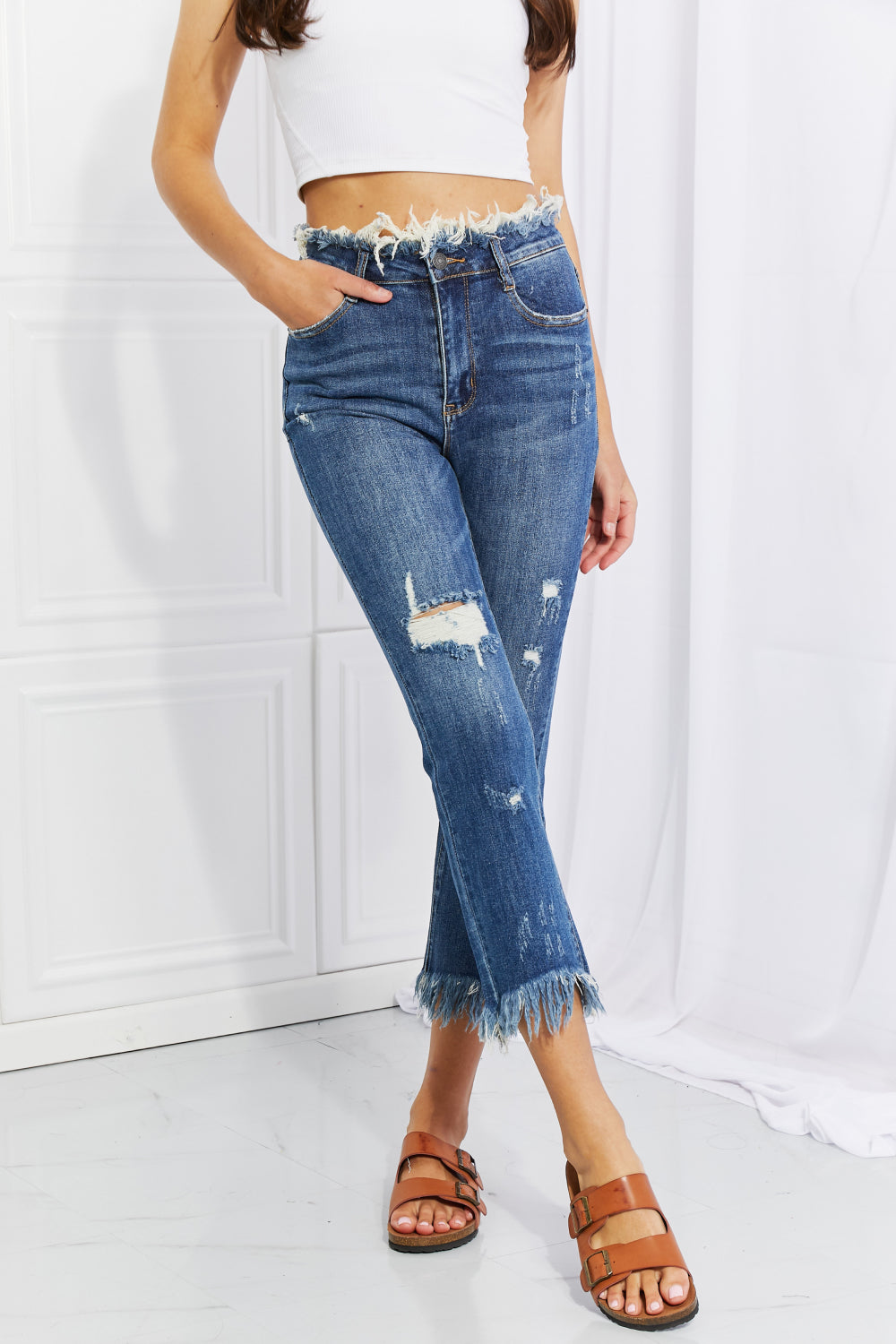 Jeans de pierna recta elegantes deshechos de tamaño completo RISEN