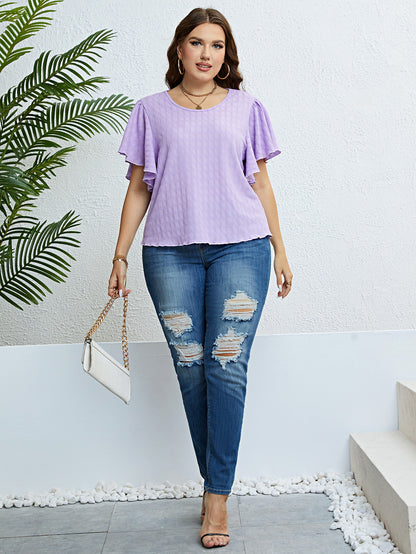 Textured Round Neck Flutter Sleeve Blouse