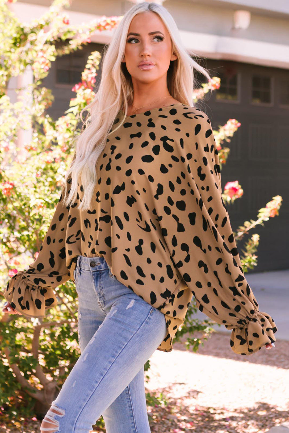 Printed Flounce Sleeve V-Neck Blouse