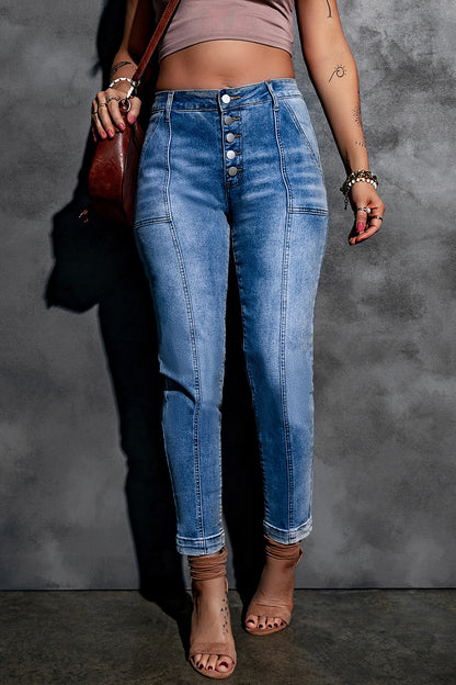 Button Fly Center Seam High Rise Jeans