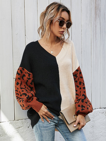 Suéter estilo túnica con cuello en V y bloque de color de leopardo