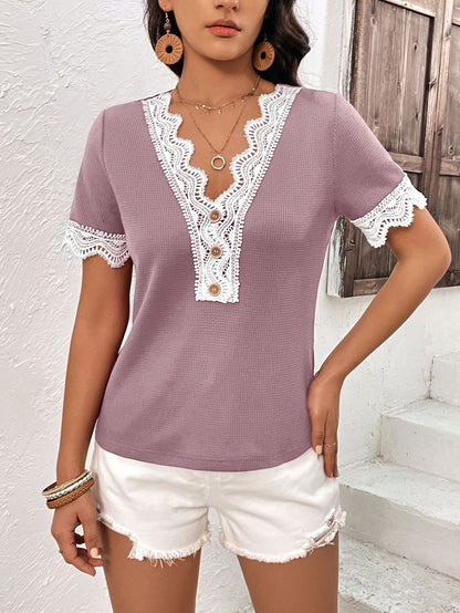 Decorative Button Spliced Lace Short Sleeve Top