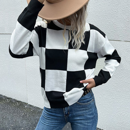 Checkered Drop Shoulder Knit Pullover