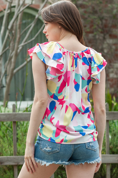 Multicolored Flutter Sleeve Round Neck Blouse