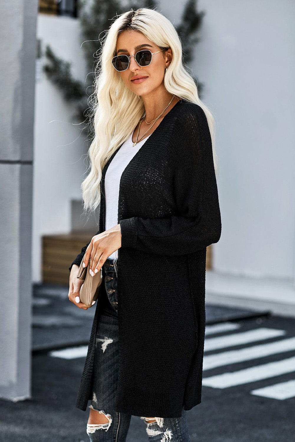 Side Slit Open Front Knit Longline Cardigan